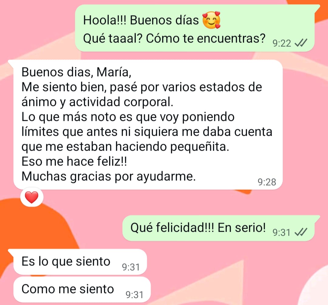 Clienta cuenta que empieza a poner límites que antes ni veía y que eso le hace feliz