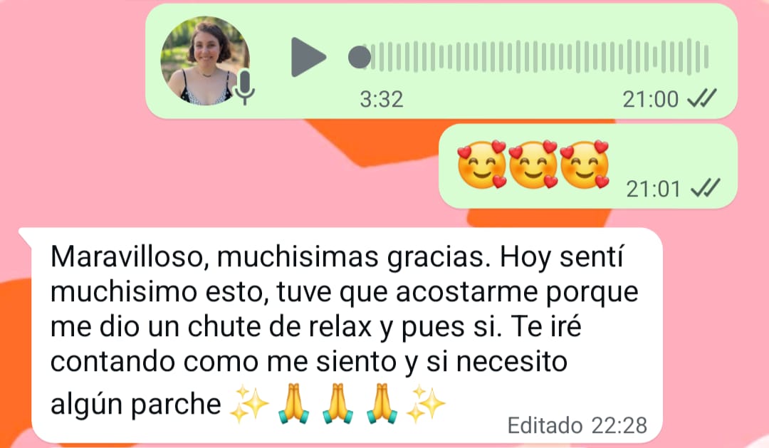Clienta describe un chute de relax profundo durante la sesión que la dejó tumbada, y da las gracias por el acompañamiento