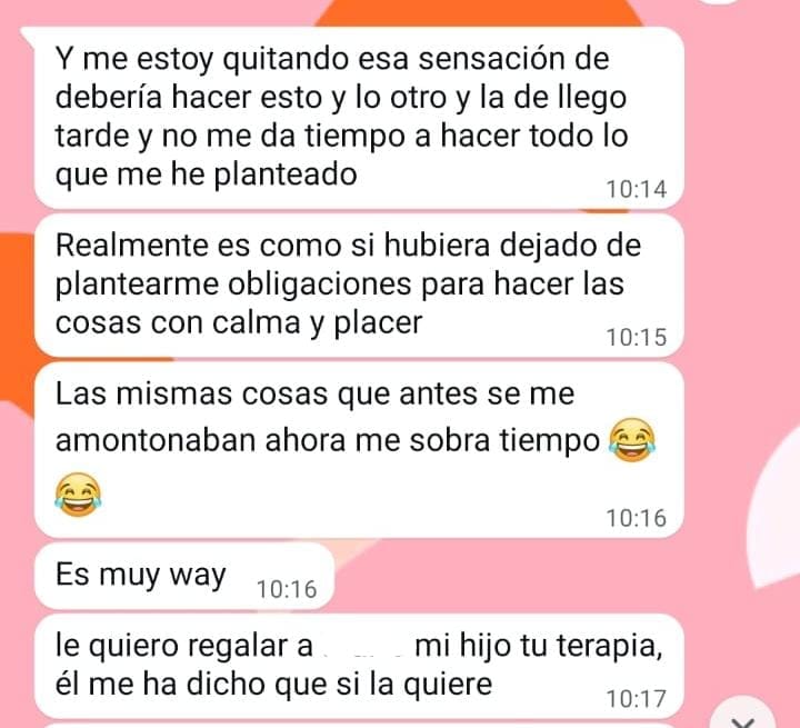 Clienta comparte que ya no siente la presión de las obligaciones y que las mismas cosas que antes se le amontonaban ahora le sobra tiempo